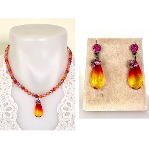 sunrise sunset pink orange yellow hues crystal beads earrings and necklace set